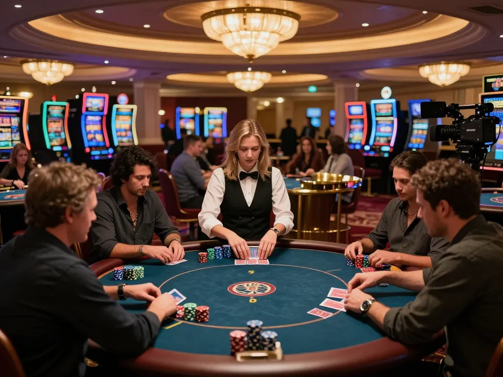Players engaging in a thrilling poker game at an upscale casino, capturing the essence of https://f168biz.com/ with an energetic atmosphere.