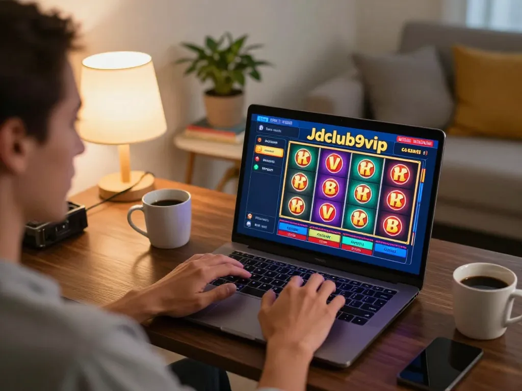 Engaging in a thrilling session at Jdclub9vip online slots on a cozy home setup.