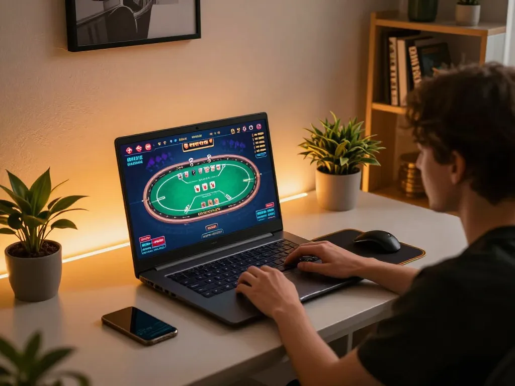 Engaging with online casino games at https://lc88.center/ in a cozy home setting, promoting responsible gambling.
