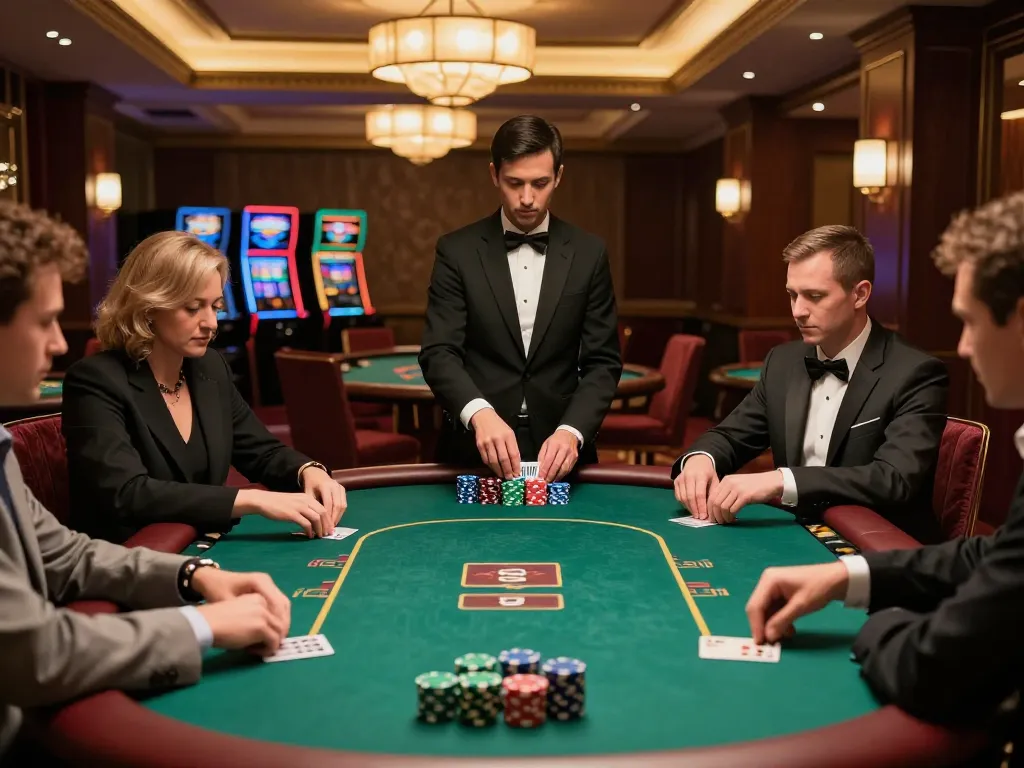 Players engaging in strategic poker gameplay at a luxurious casino table, showcasing https://lv88.tips/ moments of intense focus and excitement.