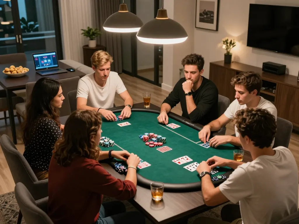 Người chơi LUCK8 thưởng thức một đêm poker thân thiện tại nhà, có chip và lá bài đang được chơi, không khí ấm cúng.