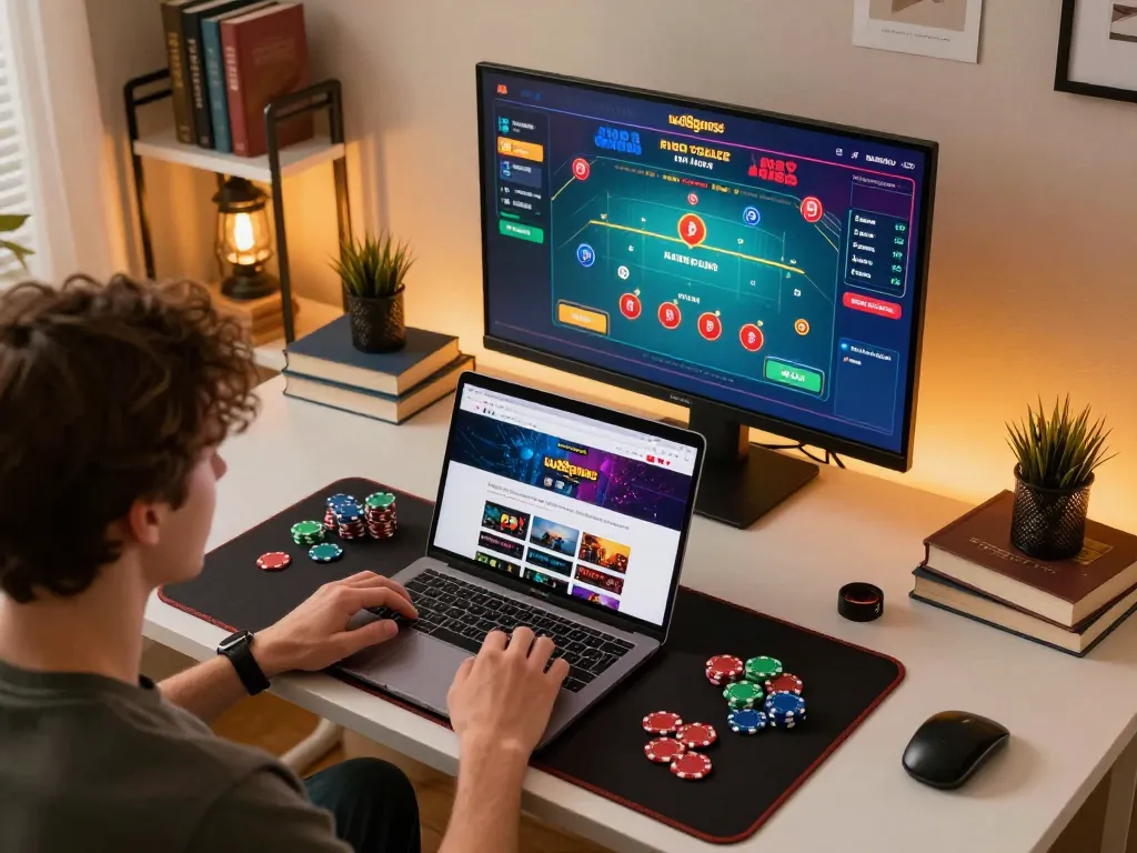 Engage with uu88games while playing poker online in a cozy gaming setup showcasing a laptop and vibrant atmosphere.