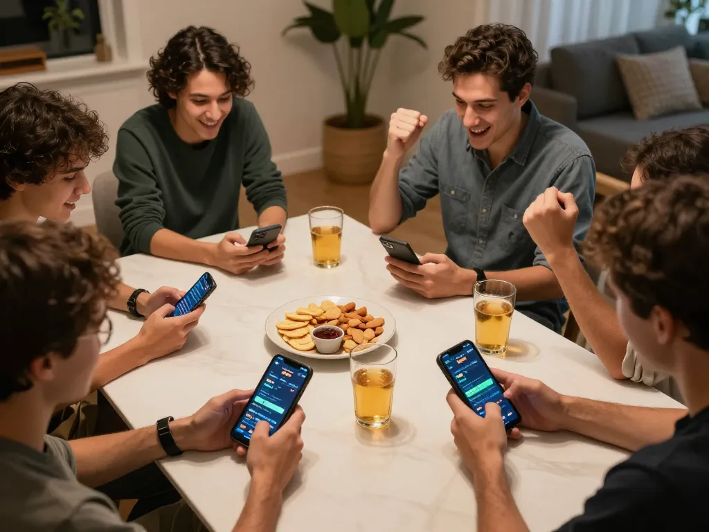 Friends enjoying sports betting on the 388bet app at home, capturing excitement and strategic discussions.