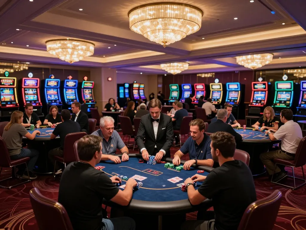 FABET players enjoying poker at an upscale casino, engaging in dynamic gameplay.