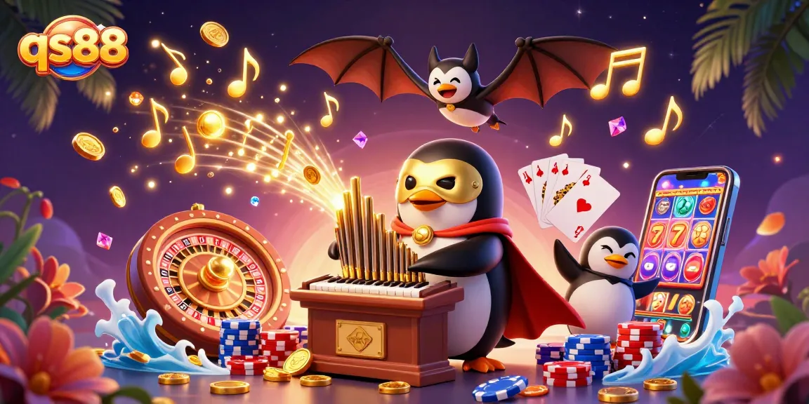 Enjoy exciting wins with qs88, featuring a phantom opera penguin amidst golden coins and vibrant casino games.
