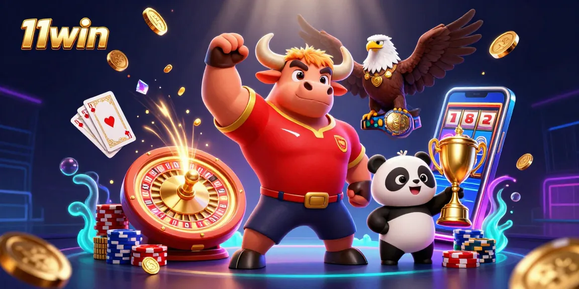 11win showcases a vibrant 3D casino scene with dynamic characters amidst coins and gems.