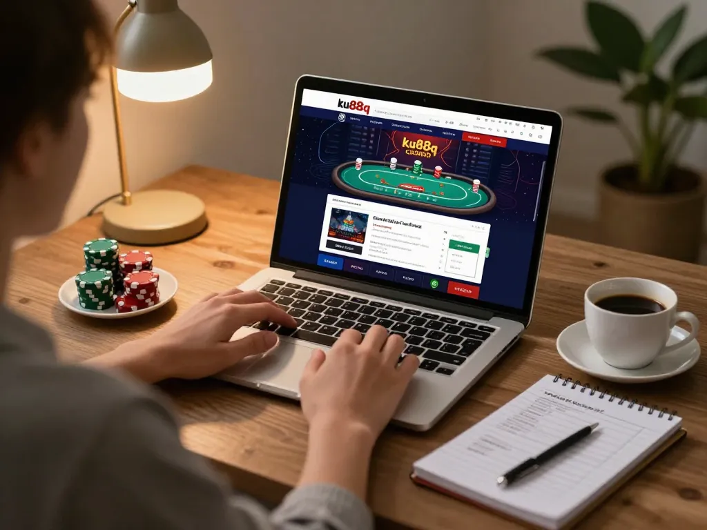 Engaging in strategic online gambling on ku88q with a cozy home setup.