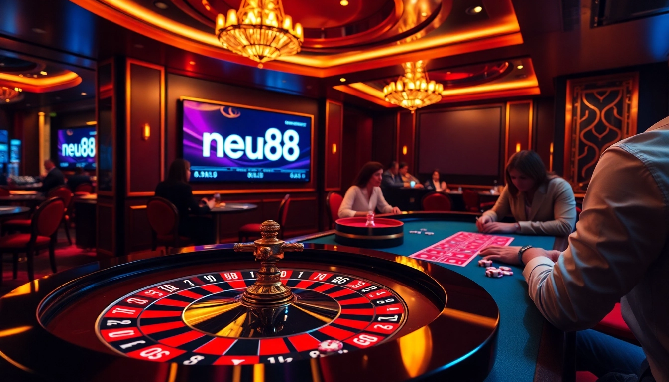 Players enjoying a thrilling casino experience at neu88, with poker chips and roulette table in action.