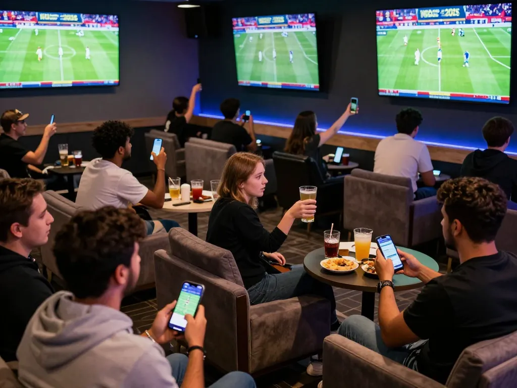 Bettors celebrating while placing trades on bola piala dunia 2026 in an upscale sports betting lounge.