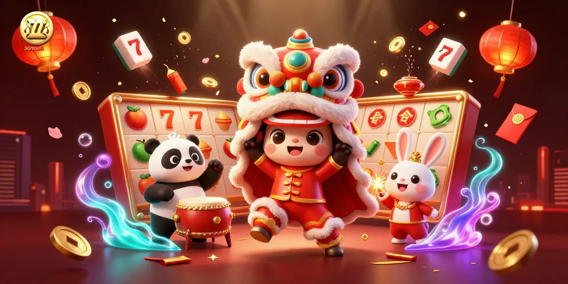Experience thrilling wins at sunwin with vibrant slot reels and joyful characters celebrating.
