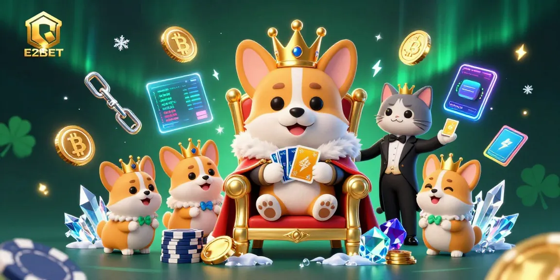 E2BET illustrates a vibrant casino scene with a crowned corgi and bitcoin elements, promoting engaging games.