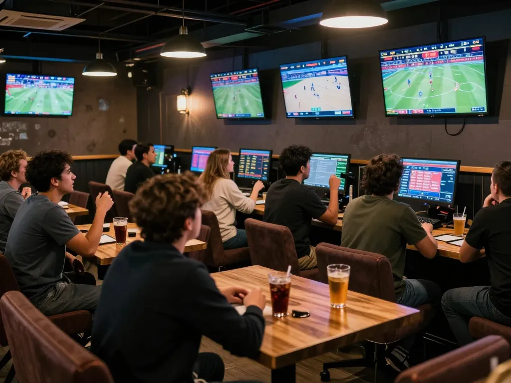 Exciting sports betting scene featuring patrons engaging with trang cá cược bóng đá odds and discussions in a modern bar setting.