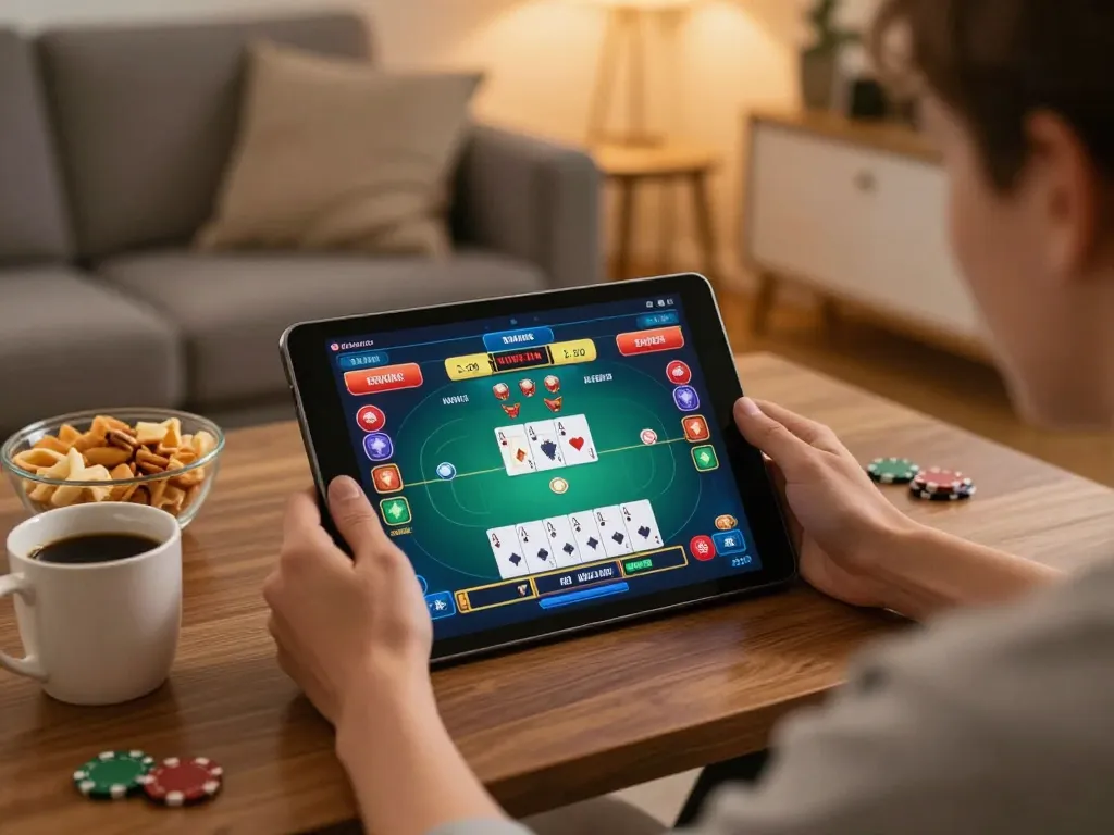 88GO user immersed in online poker gameplay, showcasing strategic decisions in a cozy home setting.