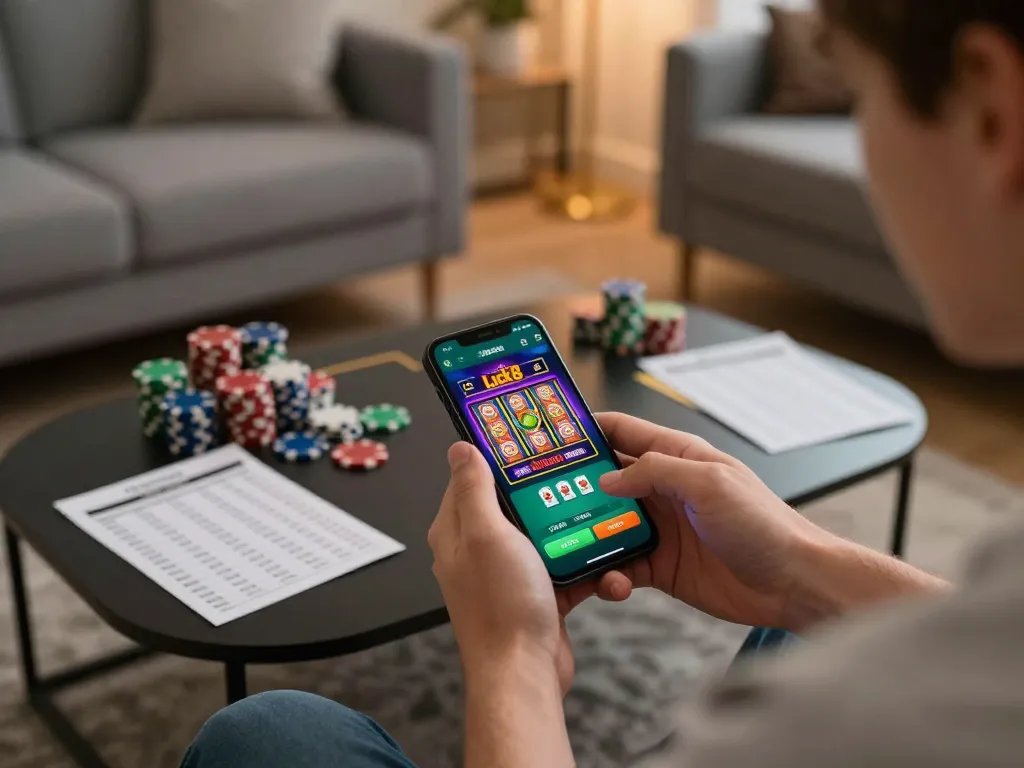 Engaging with the luck8 betting app in a cozy gaming atmosphere, showcasing strategic gameplay.