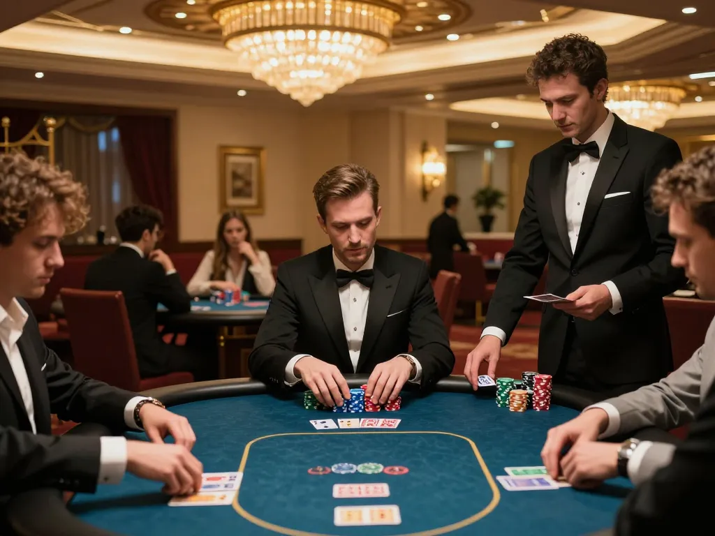 Players engaged in a high-stakes poker game at a luxurious casino, showcasing the exciting atmosphere of 98win9 with strategic moments and elegance