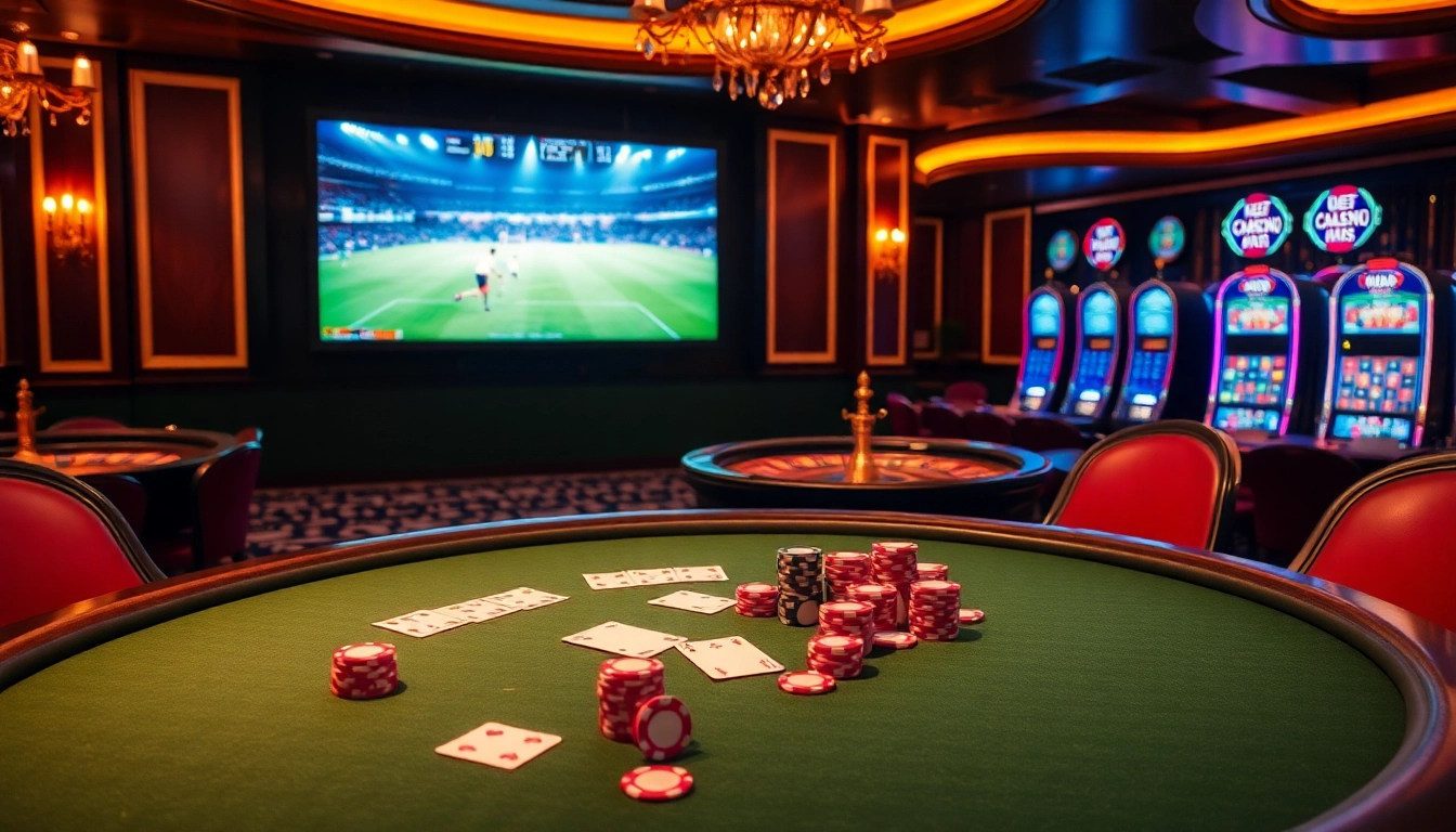 Stream your favorite trực tiếp bóng đá matches while enjoying a vibrant casino environment with poker tables and games.