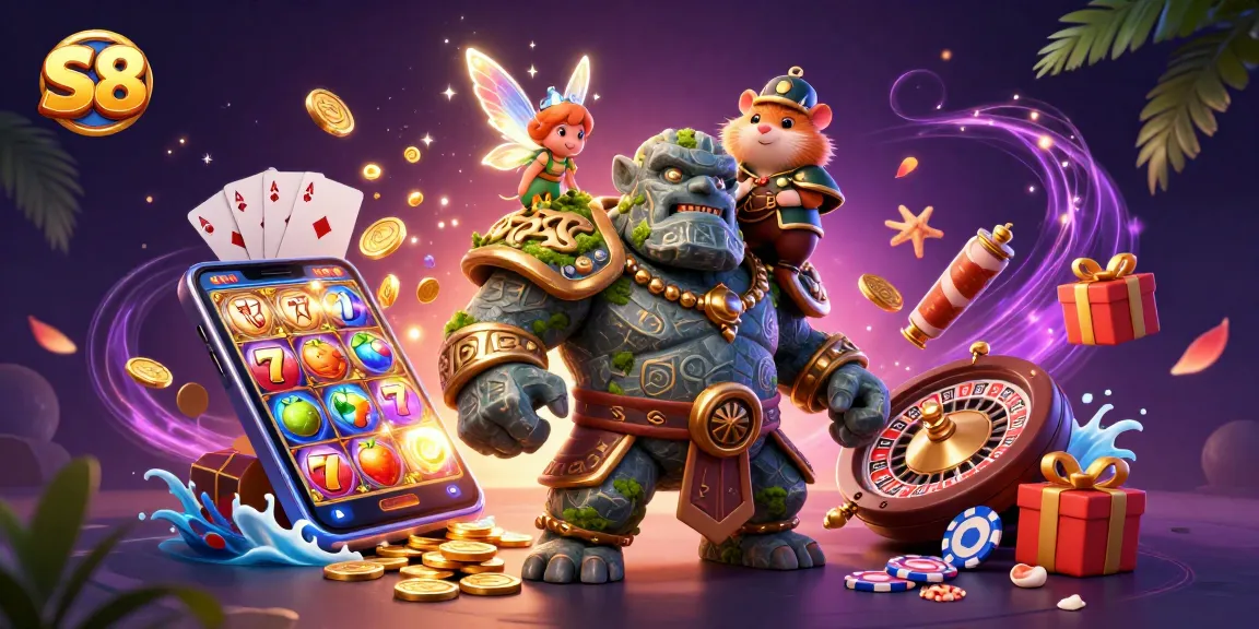 S8 casino illustration showcasing slot reels, dynamic characters, and a magical atmosphere of gaming excitement.
