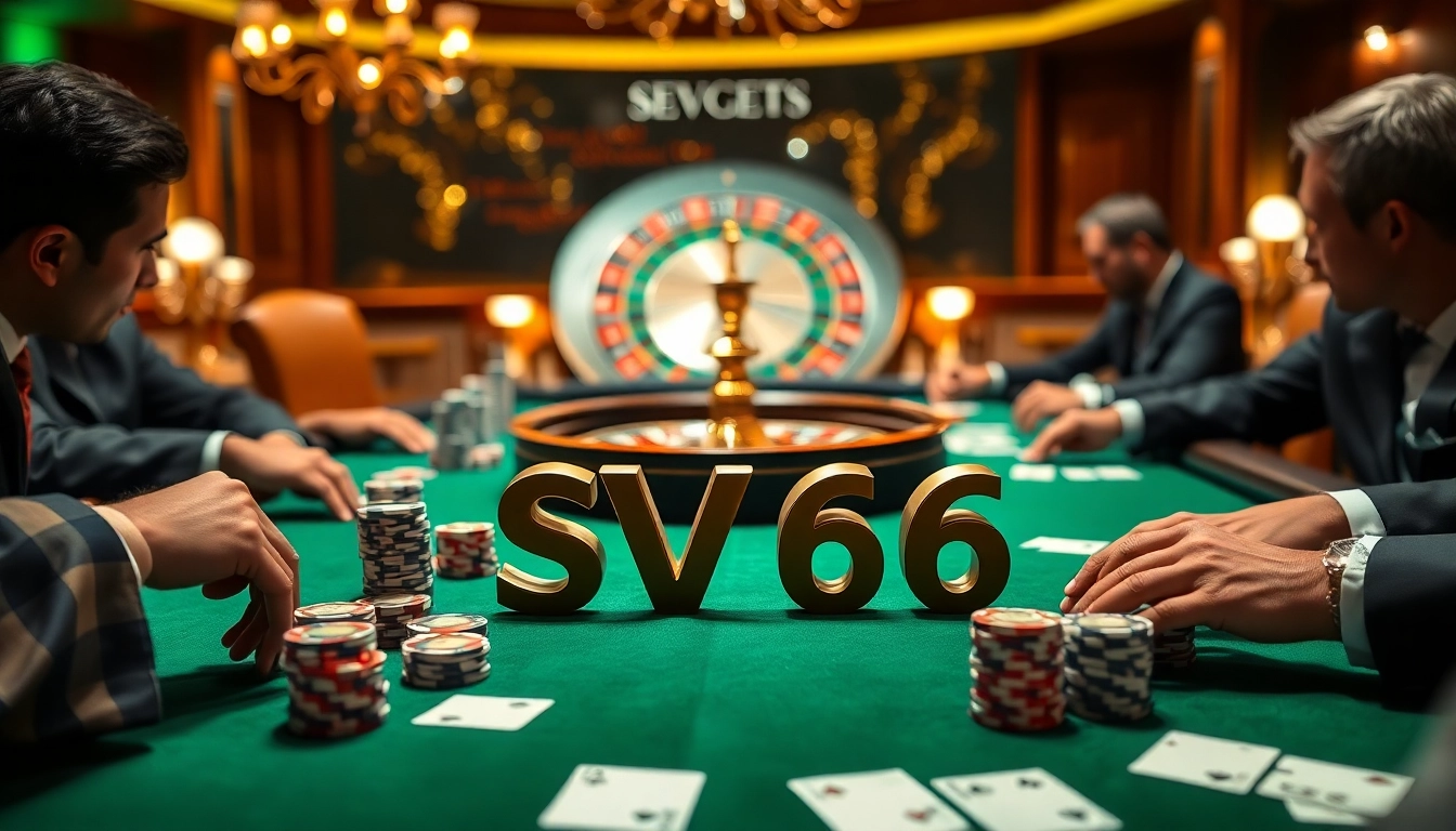 Engaging in high-stakes poker at the SV66 casino table, filled with colorful chips and cards.