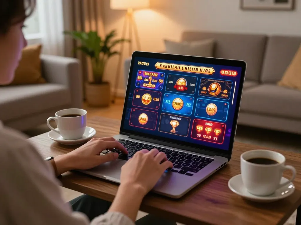 Player enjoying ALO8 online casino game from cozy home setup with laptop and coffee