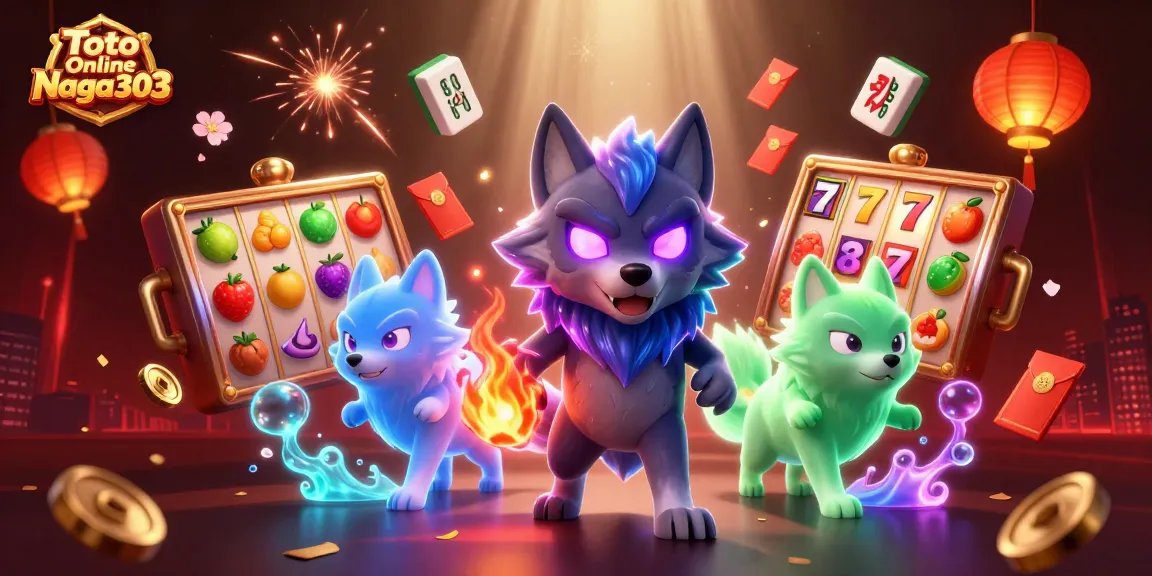 Toto Online Naga303 showcases dynamic fun with glowing slot reels and cartoon wolves in action.