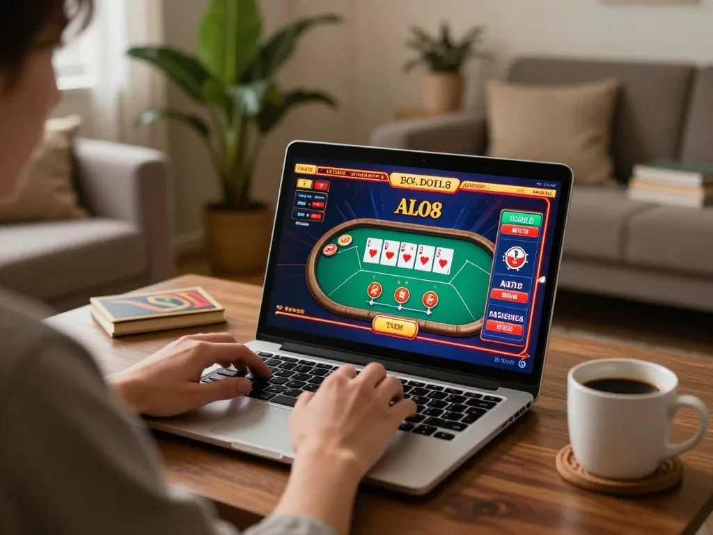 Player enjoying ALO8 poker game on laptop in cozy home setting, showcasing strategy and entertainment.