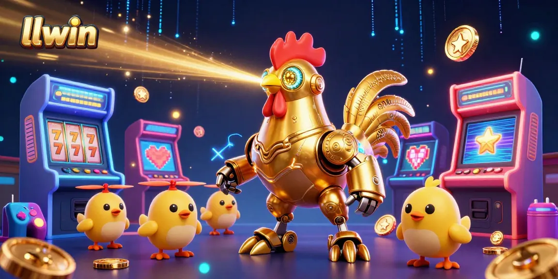 Experience llwin's exhilarating gaming scene with a golden rooster robot and lively chicks amidst vibrant slots.