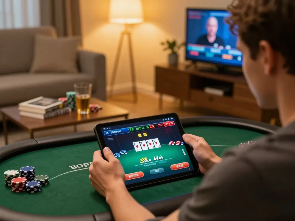 Player mastering poker strategies on tablet while utilizing 78win online casino features in a cozy home setting.