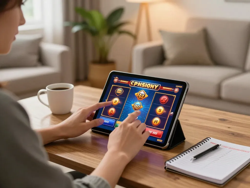 Person enjoying gem88 slots gameplay on a tablet in a cozy home environment.
