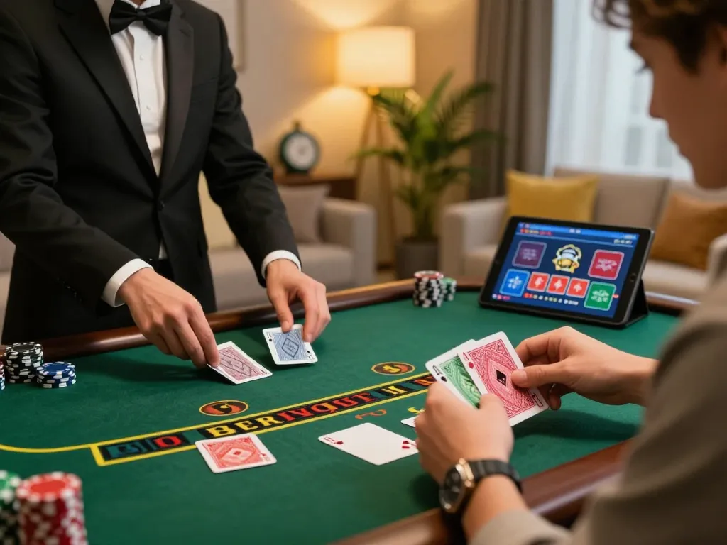 C168 players enjoying a live dealer blackjack game on tablet, creating an exciting online casino experience.
