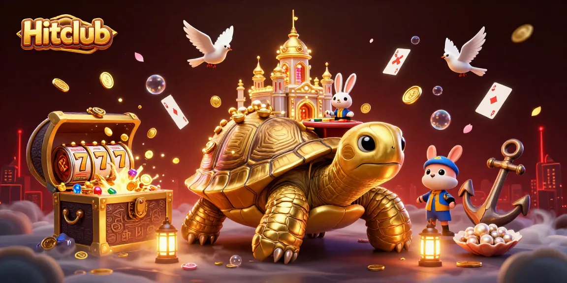 Hitclub showcases a captivating scene with a golden tortoise casino, where fortune unfolds amid flying coins and vibrant game elements.