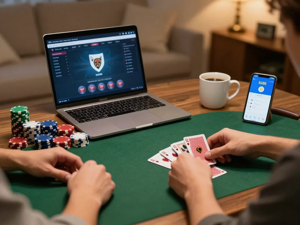 Engaging in an online poker game using the sc88 social app in a cozy home environment.