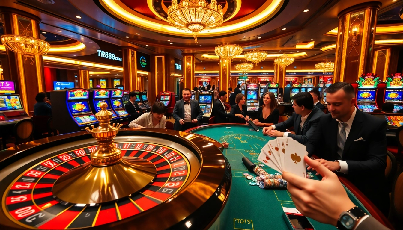 Experience the excitement of TR88 Com with a vibrant casino scene featuring roulette and poker.