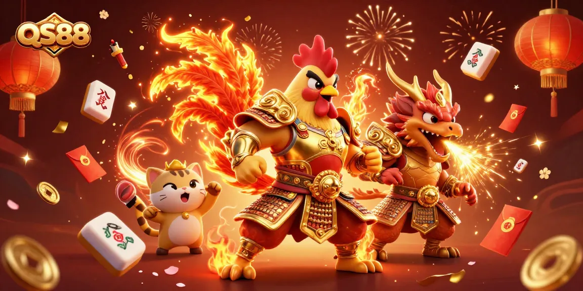 Experience the thrill of QS88 with a dynamic scene of casino elements and colorful characters.