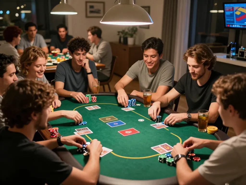 Friends enjoying a poker night, playing with Fly88 chips in a cozy atmosphere