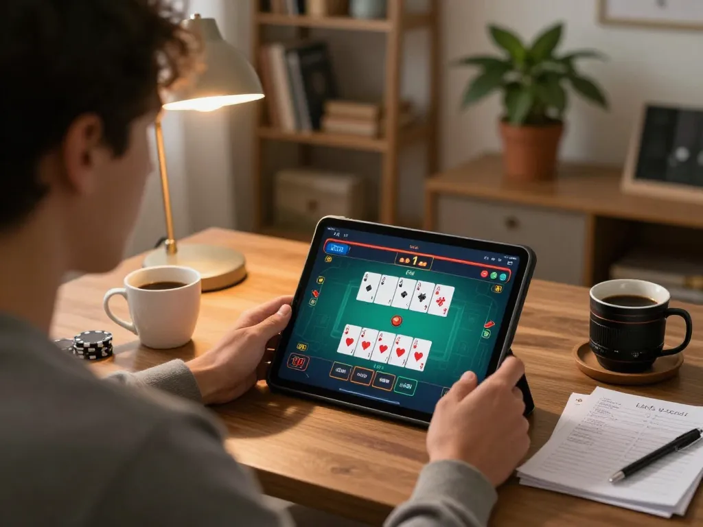Player engaging in llwin Download while enjoying a cozy home environment, complete with a tablet and strategy notes.
