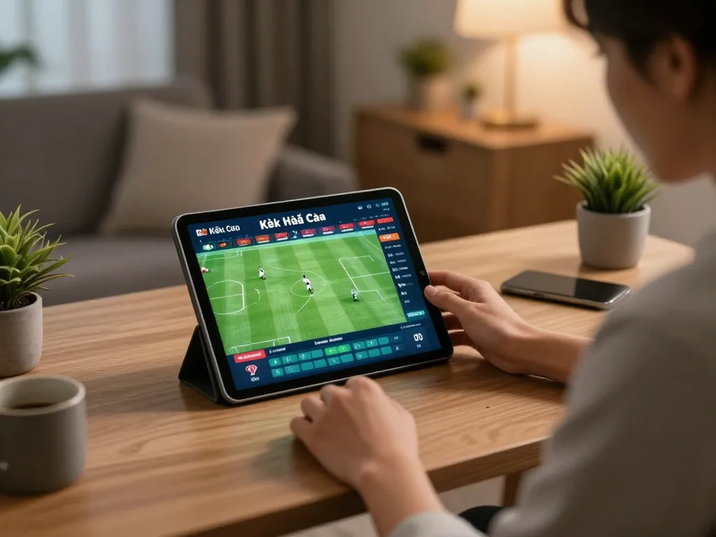 Kèo Nhà Cái displayed on a tablet as a person engages in sports betting from a stylish home office.