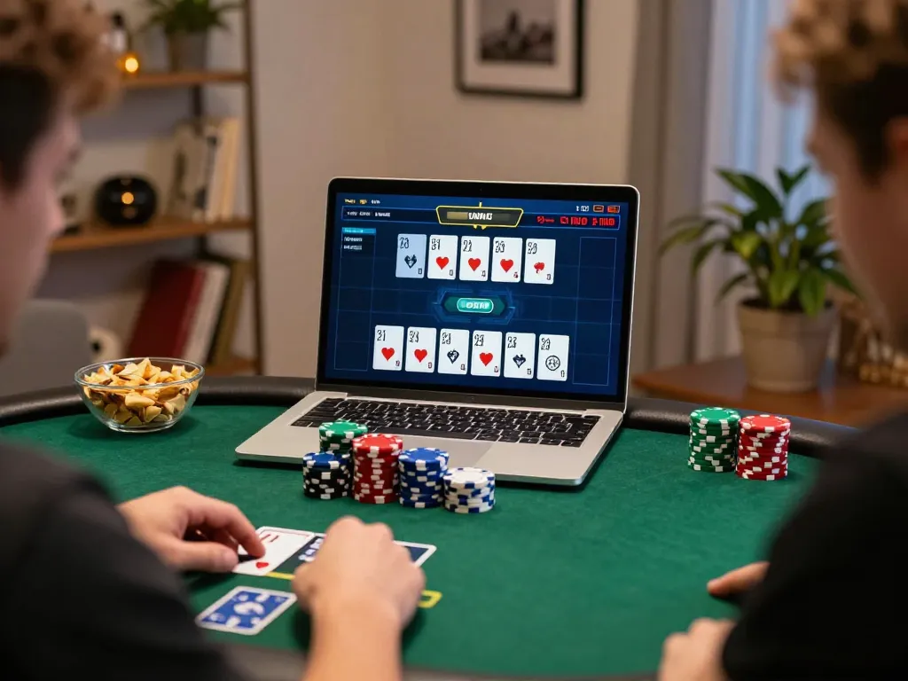 Player engaging in online poker at home, showcasing 33 WIN strategy with focused gameplay and digital interface.