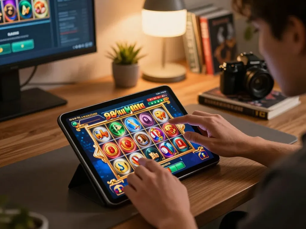 Nổ hũ 98win slot game in action on a tablet during an engaging home gaming session