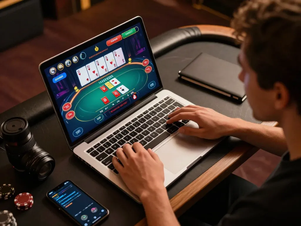 Person enjoying an online gaming session on LV88 with vibrant poker interface displayed, showcasing strategic gameplay