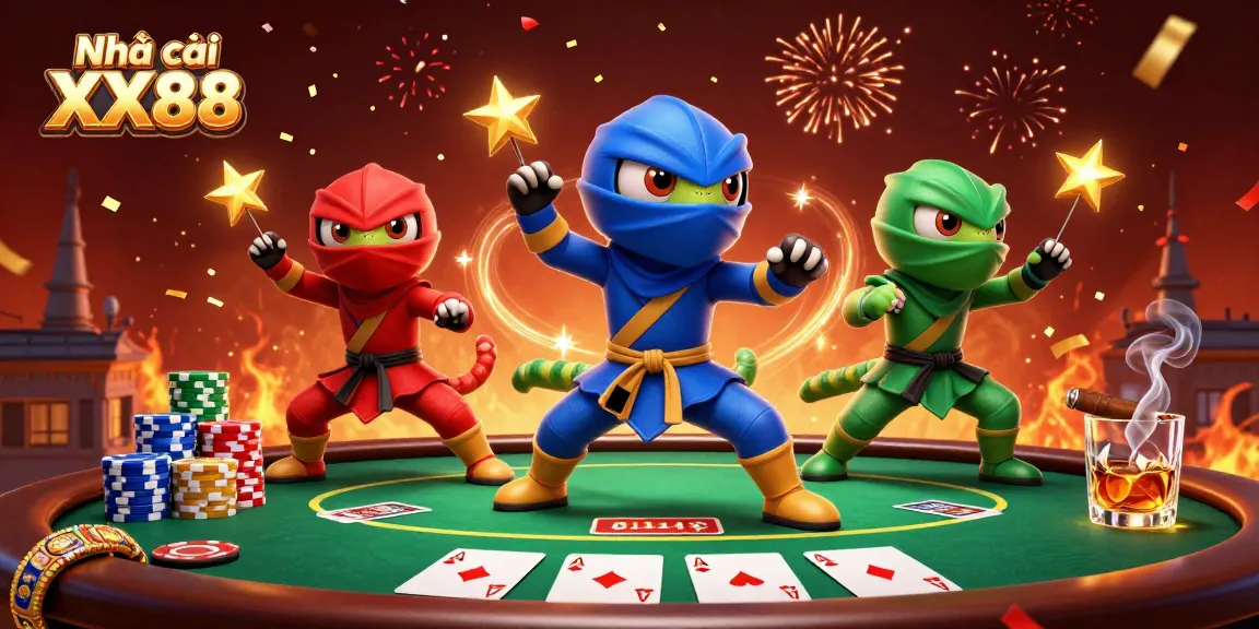 Experience the thrill of Nhà cái XX88 with 3D chameleons in action around poker activities.