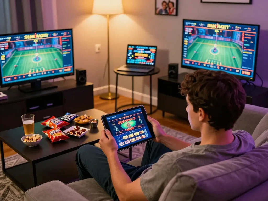 Player engaging with sunwin casino app on tablet in cozy home setting, emphasizing online gambling experience