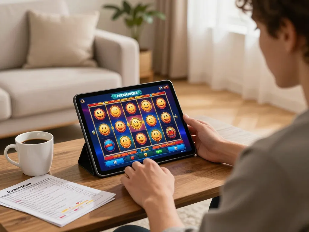 Player enjoying an exciting gaming session on Luckywin through a tablet with vibrant slot visuals.