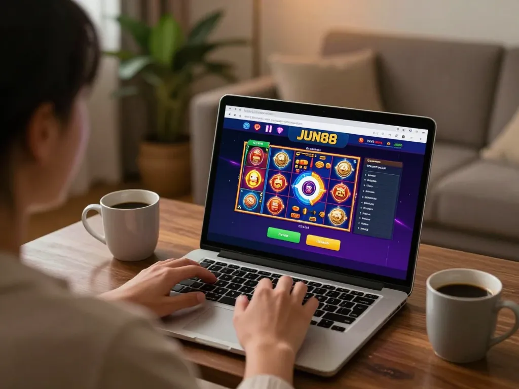 Player enjoys online gaming with Jun88's exciting slots in a cozy home environment.