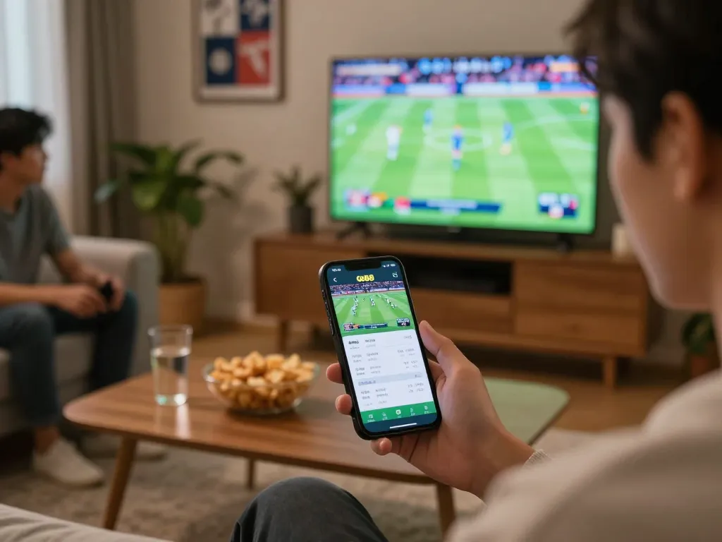 Engaging in sports betting on the qq88 app while watching a live game at home.
