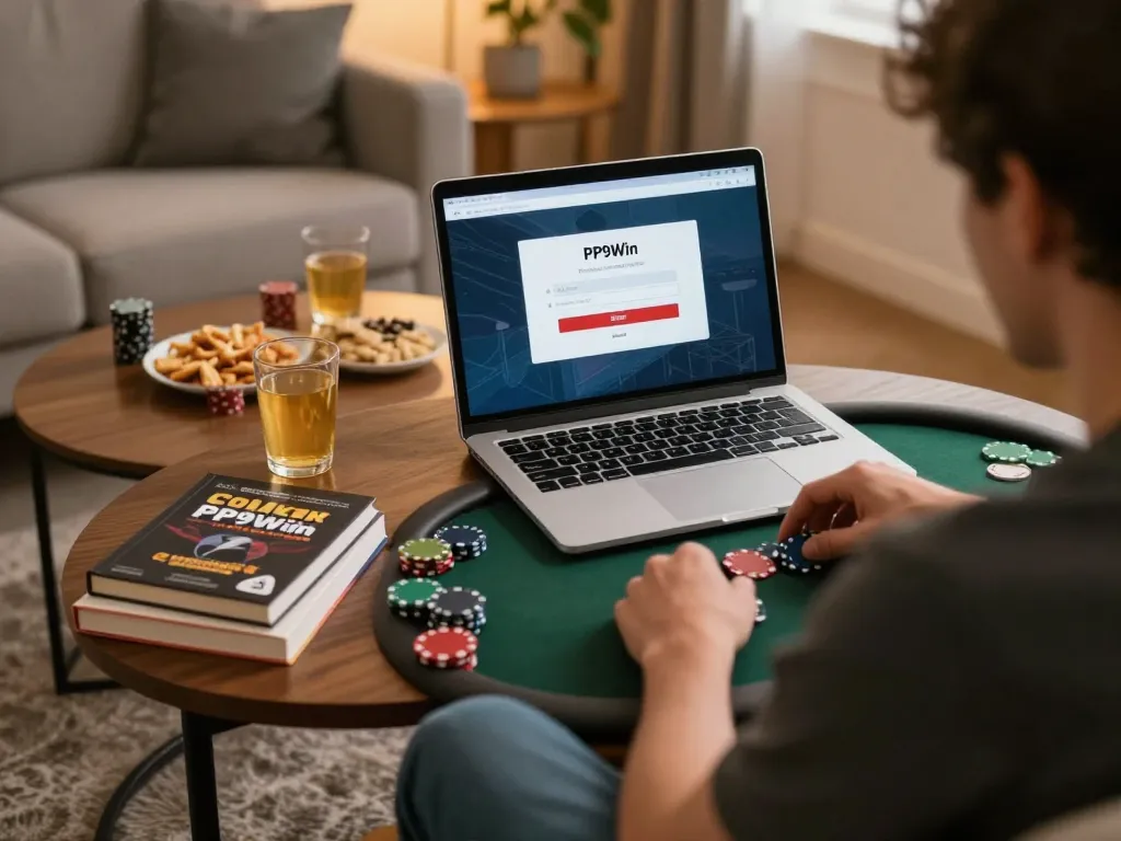 Playing poker at home while accessing PP9Win Login on laptop, showcasing a cozy gaming atmosphere.