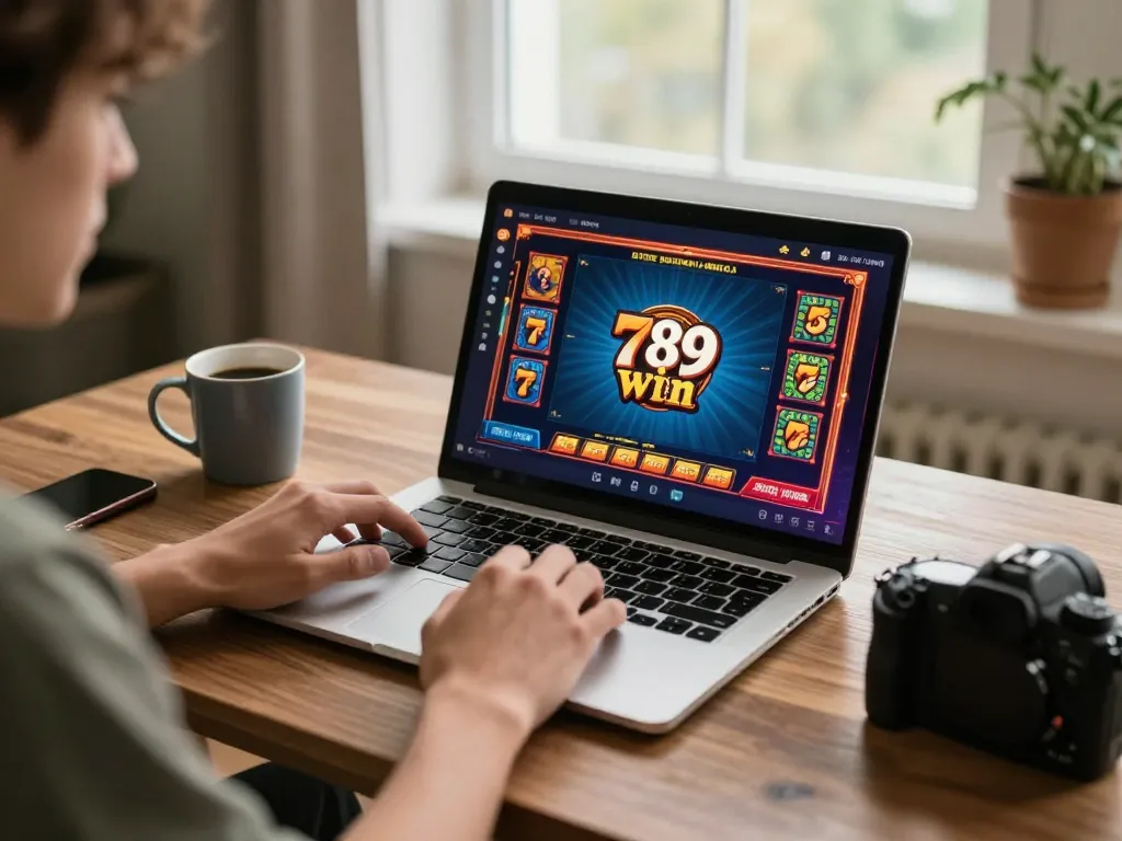 Engaging with the 789 win online casino on a laptop, showcasing an exciting gaming experience