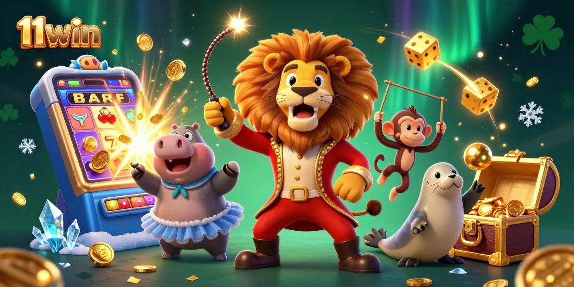Experience the excitement of 11win, with lively characters and vibrant casino elements in a dynamic scene.