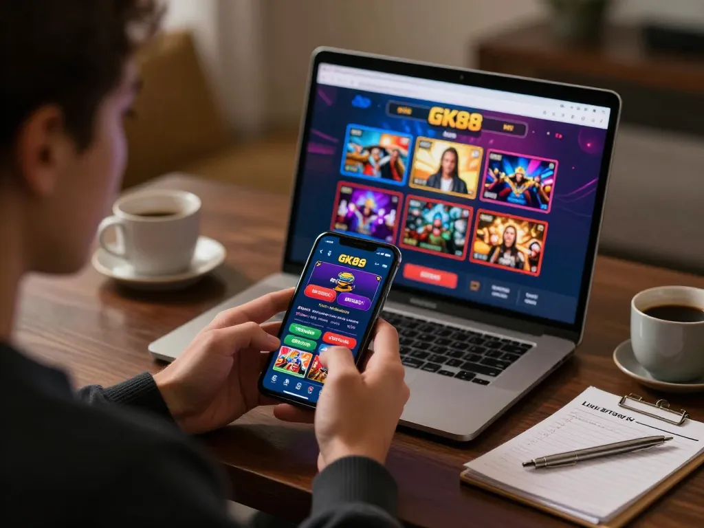 Engaging smartphone gameplay on GK88 casino app, showcasing vibrant gaming features in a cozy home setting.