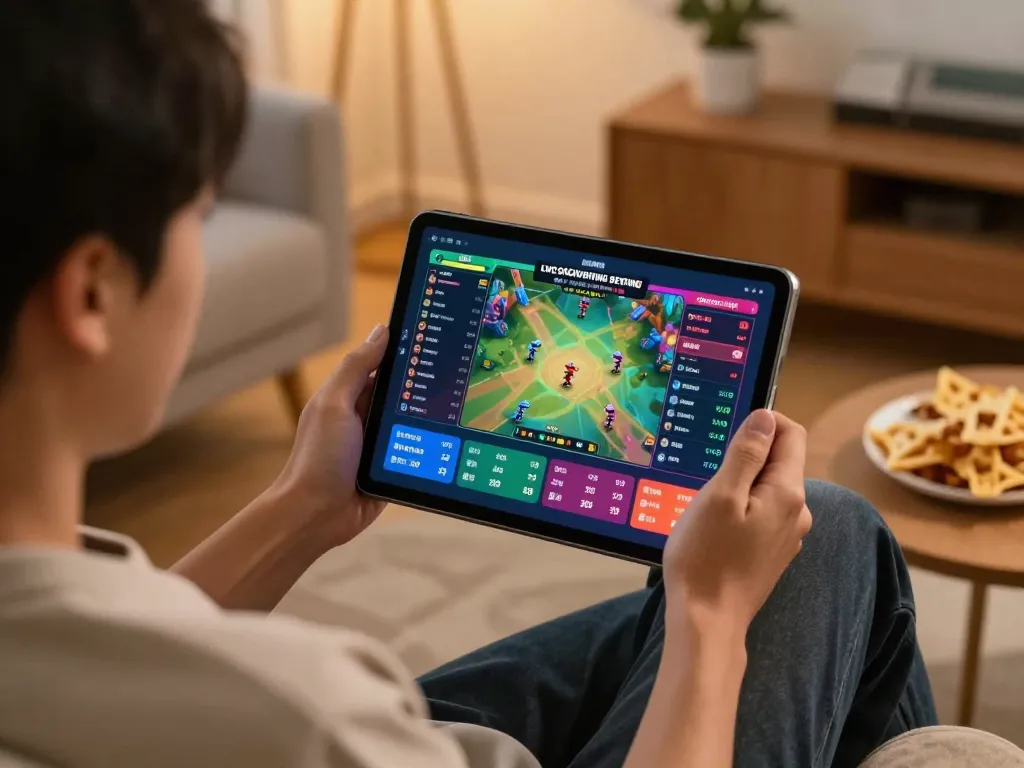 Wala88 user placing live bets on a tablet during real-time cockfighting events in a cozy home setting.
