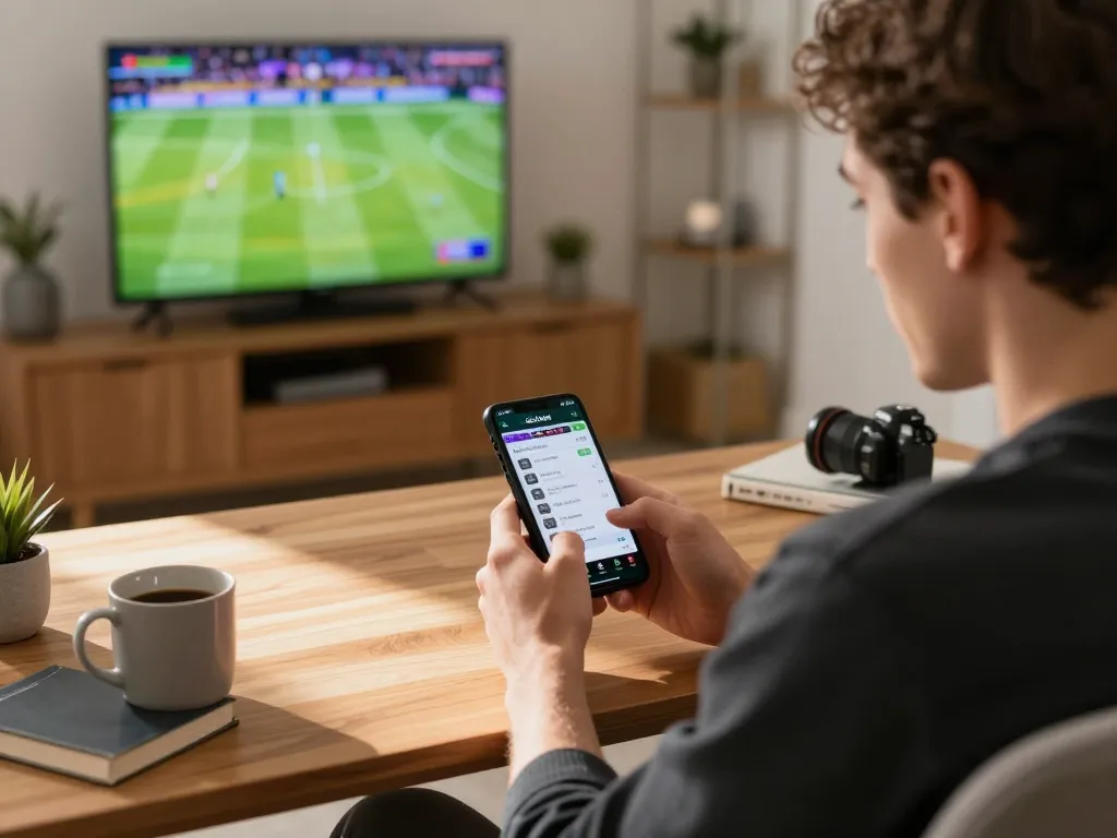 Engaged sports bettor using sbobet app on smartphone during live game.